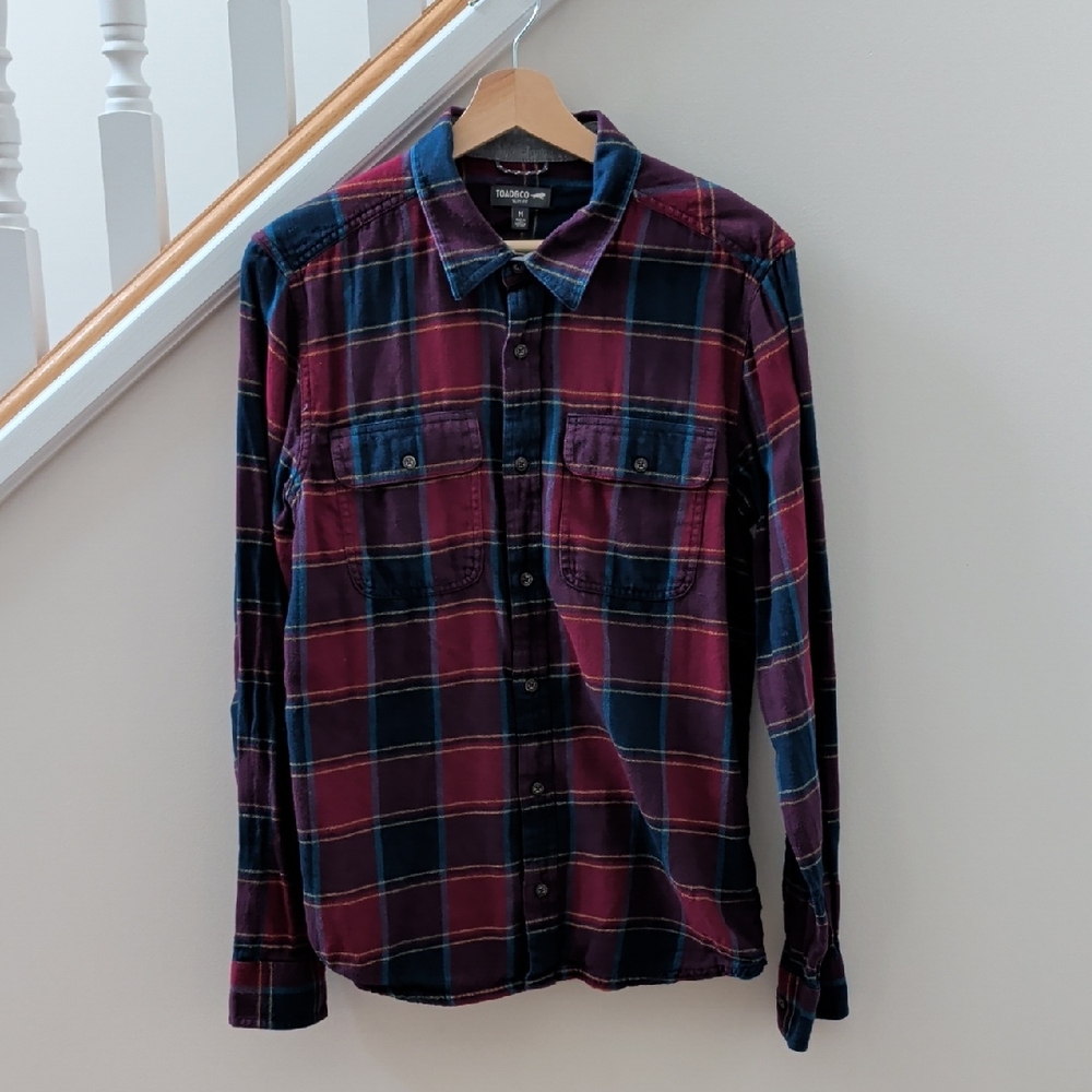 Toad&Co Men's Plaid Button Down Shirt - Burgundy and Navy